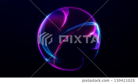Shimmering blue purple sphere made of neon particles with glowing abstract flow, modern sci-fi background. 130421028