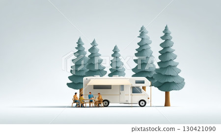 Four friends are sitting at a table, enjoying a meal and conversation, parked near a forest of fir trees in their camper van during a summer camping trip Four friends are sitting at a table, enjoying a meal and conversation, parked near a forest of fir trees in their camper van during a summer camping trip 130421090