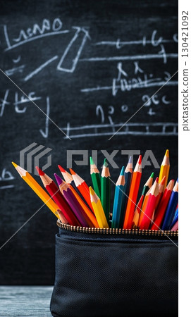 Colorful pencils are sticking out of a pencil case on a wooden surface, with a blackboard featuring mathematical formulas in the background, creating a back to school atmosphere 130421092