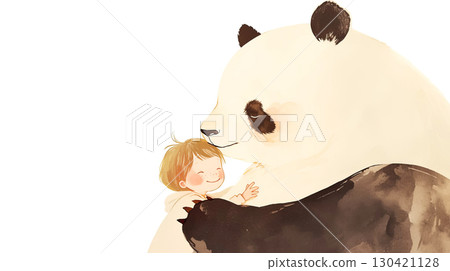 Child embracing a giant panda in a warm, affectionate moment, showcasing the bond between humans and animals in a whimsical illustration style with soft colors 130421128