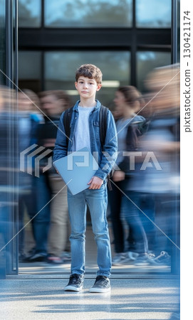 Student carrying laptop and backpack standing near school entrance, blurred students moving behind, capturing academic lifestyle and technology integration 130421174