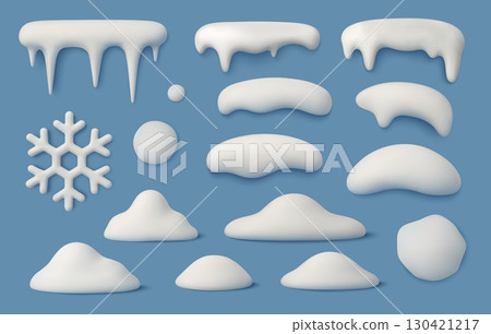3D Snow caps. Realistic icicles, white snow piles, snowflake and snowdrifts, snowballs winter cartoon elements. Frost frames, soft render snowy shapes, Christmas overlays vector set 130421217