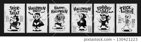 Retro Halloween poster. Holiday party invitation. Vintage card with vampire, skeleton, pumpkin, werewolf for costume event. Spooky posters template. Vector set 130421223