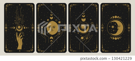 Tarot cards. Magical tarot card cover. Spiritual fortune telling, prediction, spiritual guidance. Magic card with moon, sun, celestial phase. Astrology symbols. Vector set Tarot cards. Magical tarot card cover. Spiritual fortune telling, prediction, spiritual guidance. Magic card with moon, sun, celestial phase. Astrology symbols. Vector set 130421229