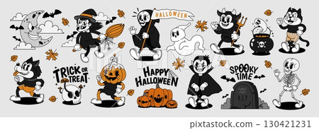 Halloween characters. Retro groovy holiday mascot. Comic spooky ghost, pumpkin, witch, skeleton, vampire, monster, devil, and werewolf. Funky night party. Vector set 130421231