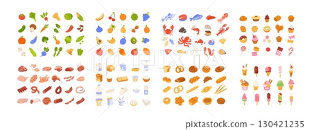 Food icons. Fruit, vegetables, milk, meat. Supermarket groceries, market products. Simple bakery, bread, dairy, sweets, ice cream, seafood, elements. Flat healthy food. Vector set 130421235