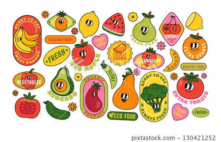 Fruit stickers. Retro vegetable labels. Patch with groovy, fruity characters with text slogan. Badge with apple, tomato, banana, orange for supermarket, local farm. Vector set Fruit stickers. Retro vegetable labels. Patch with groovy, fruity characters with text slogan. Badge with apple, tomato, banana, orange for supermarket, local farm. Vector set 130421252