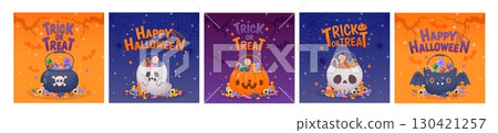 Trick or Treat. Halloween bucket. Happy holiday poster with pumpkin, Jack O Lantern, ghost bats, cauldron skull, candy bucket, sweets. Vector party invitation, card, banner. Trick or Treat. Halloween bucket. Happy holiday poster with pumpkin, Jack O Lantern, ghost bats, cauldron skull, candy bucket, sweets. Vector party invitation, card, banner. 130421257
