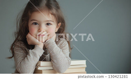 Happy preschool student girl resting her chin on her hands on a pile of books, smiling, ready for the new school year, concept of education and learning 130421281