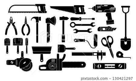 Repair tools. Black silhouette building tool. Basic construction working tool elements for setting service. Screwdriver, hammer, drill, saw, pliers signs. Vector set icons Repair tools. Black silhouette building tool. Basic construction working tool elements for setting service. Screwdriver, hammer, drill, saw, pliers signs. Vector set icons 130421297