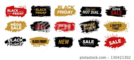 Black Friday sale badge. Promotional label. Grunge black, red, white, gold stickers with mega discounts, shopping events, best deals, special offers. Brush stroke frames. Vector set Black Friday sale badge. Promotional label. Grunge black, red, white, gold stickers with mega discounts, shopping events, best deals, special offers. Brush stroke frames. Vector set 130421302