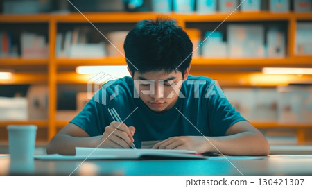 Young male student writing notes using a pen on his notebook, sitting at a table in the library, preparing for exams and learning new things, back to school concept Young male student writing notes using a pen on his notebook, sitting at a table in the library, preparing for exams and learning new things, back to school concept 130421307