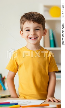 Portrait of a cheerful preschool or elementary student smiling while drawing with colored pencils at a desk, possibly at home or in a classroom, showcasing the joy of learning and creativity Portrait of a cheerful preschool or elementary student smiling while drawing with colored pencils at a desk, possibly at home or in a classroom, showcasing the joy of learning and creativity 130421309