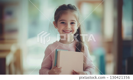 Happy elementary school student holding books, smiling and looking forward to the new school year, in the library or classroom, education and back to school concept 130421356