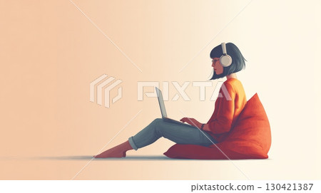Young woman wearing headphones is sitting comfortably on a beanbag chair, using a laptop for remote work or online learning, embracing the digital nomad lifestyle 130421387
