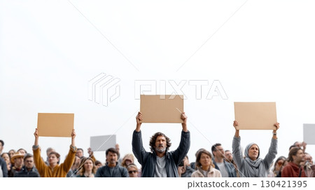 Diverse group of individuals raising blank cardboard signs above their heads while protesting against immigration raids in the united states, advocating for human rights and social justice Diverse group of individuals raising blank cardboard signs above their heads while protesting against immigration raids in the united states, advocating for human rights and social justice 130421395