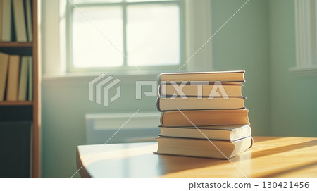 Stack of books sits on a wooden table in a sunlit room, with a bookshelf in the background, creating a cozy and studious atmosphere perfect for back to school preparations Stack of books sits on a wooden table in a sunlit room, with a bookshelf in the background, creating a cozy and studious atmosphere perfect for back to school preparations 130421456