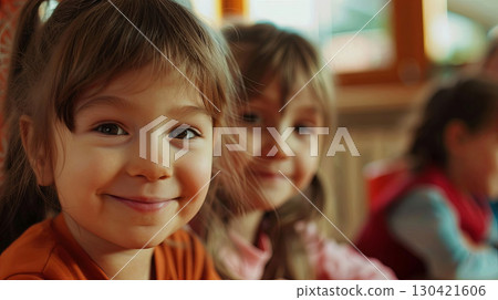 Capturing the joy of childhood, this image showcases two smiling girls in a warm environment Capturing the joy of childhood, this image showcases two smiling girls in a warm environment 130421606