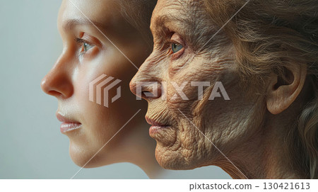 Young woman and elderly woman side by side, showcasing the contrast of youth and age, highlighting the beauty of aging and the passage of time in a thoughtful composition 130421613