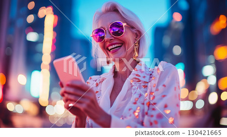 Stylish Elderly Woman Enjoying Smartphone in Urban Setting 130421665