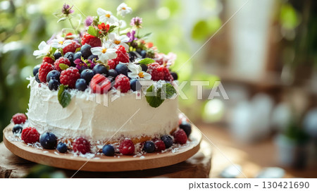 Rustic Cake Decorated with Berries and Edible Flowers Rustic Cake Decorated with Berries and Edible Flowers 130421690