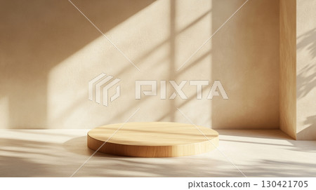 Wooden Display Pedestal in Warm Minimalist Interior 130421705