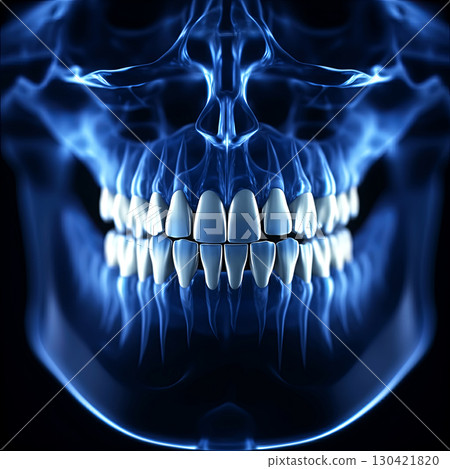 Mysterious neon blue skull radiates an eerie glow, highlighting intricate details and casting an atmospheric vibe. 130421820