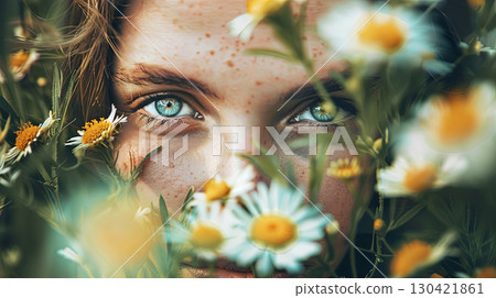 A captivating close-up of an eyes of woman framed by delicate flowers, showcasing natural beauty and vivid colors A captivating close-up of an eyes of woman framed by delicate flowers, showcasing natural beauty and vivid colors 130421861