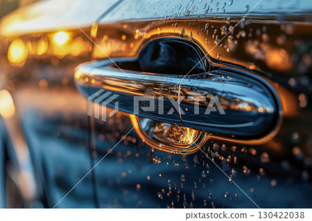 Wet car door handle covered in glistening water droplets. Warm golden light reflects on the shiny metallic surface with blurred bokeh lights in the background. 130422038