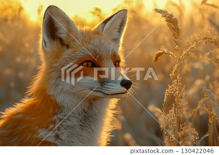 Beautiful wild red fox looking alert in a golden sunlit field of tall dry grass. Warm light glows on its fur during sunset. 130422046