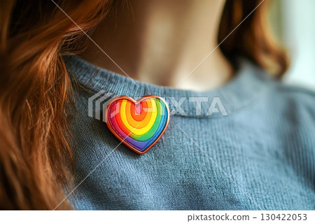 Close up of a vibrant rainbow heart pin fastened to a gray knitted sweater. Symbolizing love, pride, and diversity. Red hair visible. 130422053