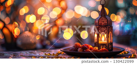Immerse in the warmth of festivity with a beautifully lit lantern and dates against a vibrant bokeh 130422099