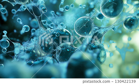 Ethereal blue spheres suspended in a delicate web, capturing the essence of fluidity and nature harmony 130422139