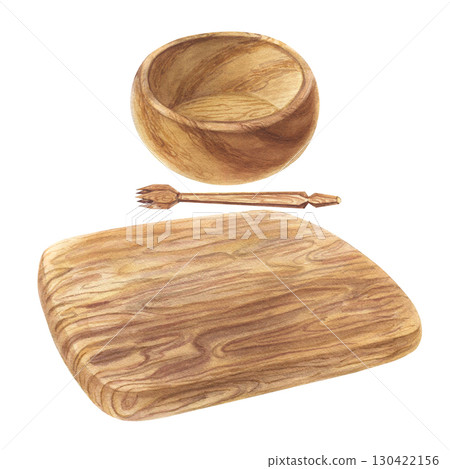 Wooden plate, olive fork, cutting board. Watercolor illustration for cookbooks, recipes for preserving and preparing certain products, agricultural exhibitions. 130422156