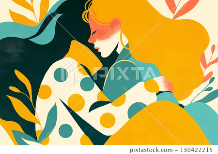 A vibrant, modern abstract illustration of a womans tender embrace 130422215