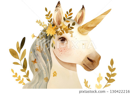 Discover an enchanting AI-generated illustration of a unicorn adorned with golden flowers 130422216