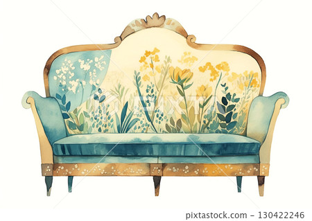 Experience elegance with this intricate floral-patterned vintage sofa illustration Experience elegance with this intricate floral-patterned vintage sofa illustration 130422246