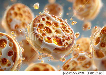 Delicate bubbles and syrupy swirls in a unique macro shot of mini pancakes 130422329