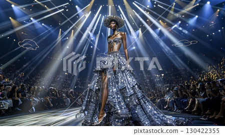 Dark skinned supermodel captivates in a revealing outfit under the radiant runway lights 130422355