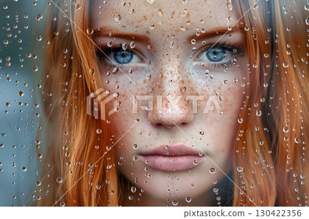 Woman s melancholic face behind raindrop splattered window conveys profound sadness 130422356