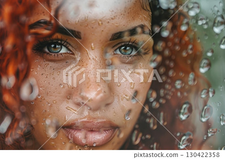 Sad woman s face seen through a window covered with raindrops, evoking a sense of melancholy 130422358