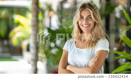 Professional female realtor showcasing expertise and approachability in modern home 130422414