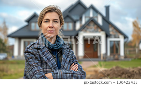 Professional female real estate agent showcasing expertise and approachability in modern home 130422415