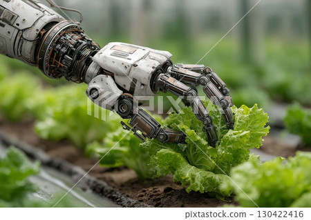 Robotic hand efficiently harvesting fresh lettuce in a modern greenhouse 130422416