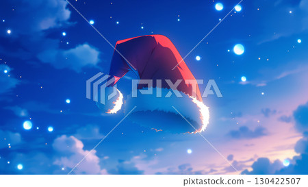 Santa Claus hat flying in the winter sky 130422507