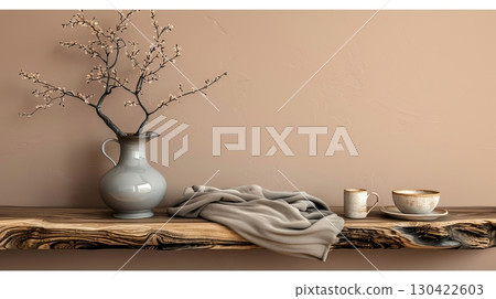 Elegant minimalist living room decor with wooden console, ceramic bowl, and personal touches 130422603