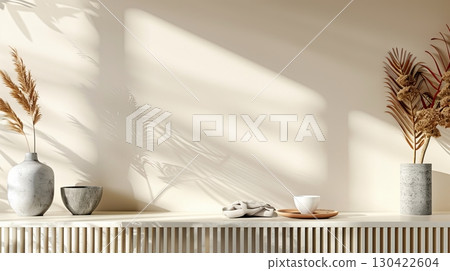Elegant minimalist living room design with wooden console and stylish ceramic bowl accents 130422604