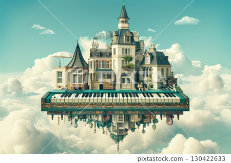 Fantasy Floating Cityscape with Piano. Surreal Architecture Among Clouds in Sky, Dreamscape Image 130422633