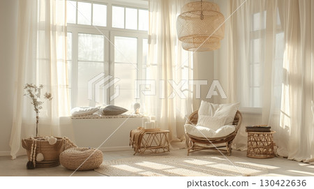 Bright and airy modern living room interior with wicker furniture, houseplants, and large windows. 130422636