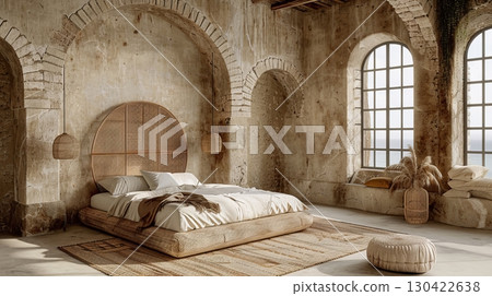 Bohemian Chic Bedroom Interior with Rattan Headboard and Sunlight, Cozy Minimalist Bedroom Design 130422638